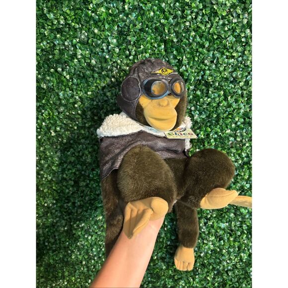 Hosung Monkey Hand Puppet Brown Aviator Jacket and Goggles Chimp Plush Puppet NW - Picture 1 of 10